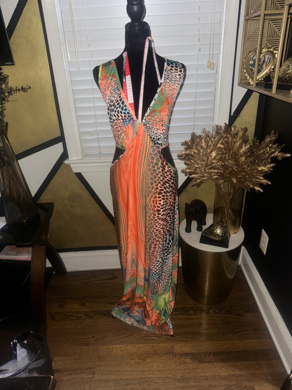 Fashion Nova Multicolor Backless Halter Maxi Dress in Orange, Green & Black